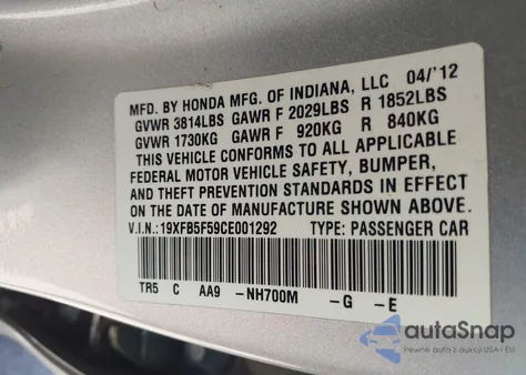 2012 Honda Civic Natural Gas z USA, uszkodzony, nr VIN 19XFB5F59CE001292